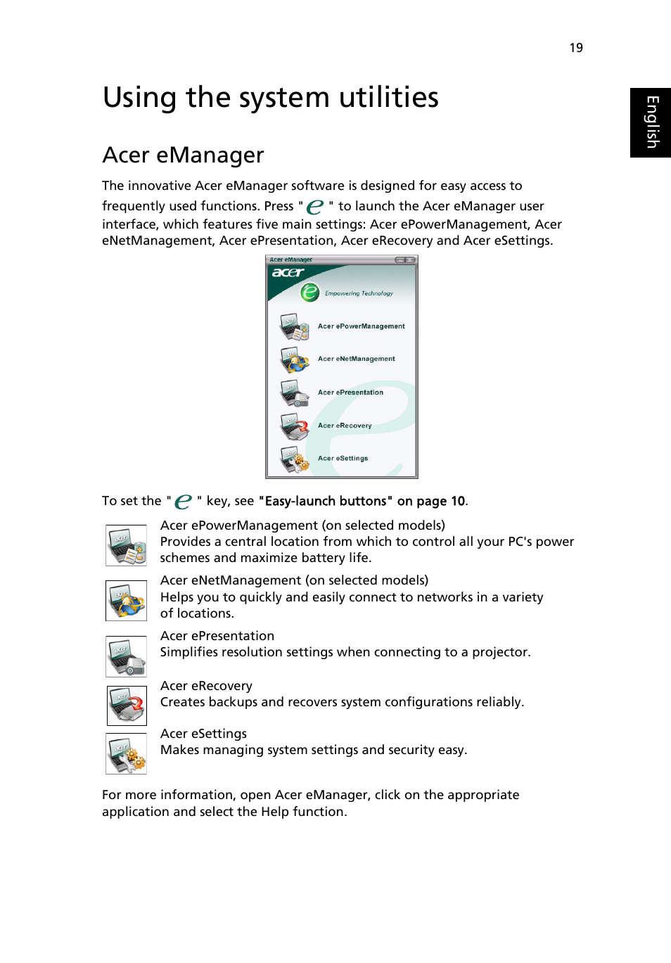 Using the system utilities, Acer emanager | Acer Aspire 5500 User Manual | Page 27 / 76