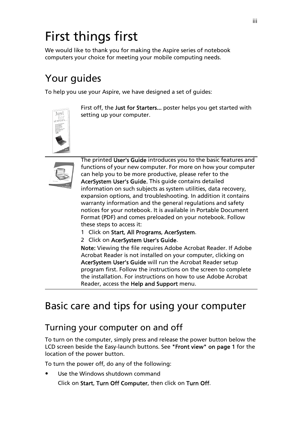 First things first, Your guides, Basic care and tips for using your computer | Turning your computer on and off | Acer Aspire 5500 User Manual | Page 3 / 76