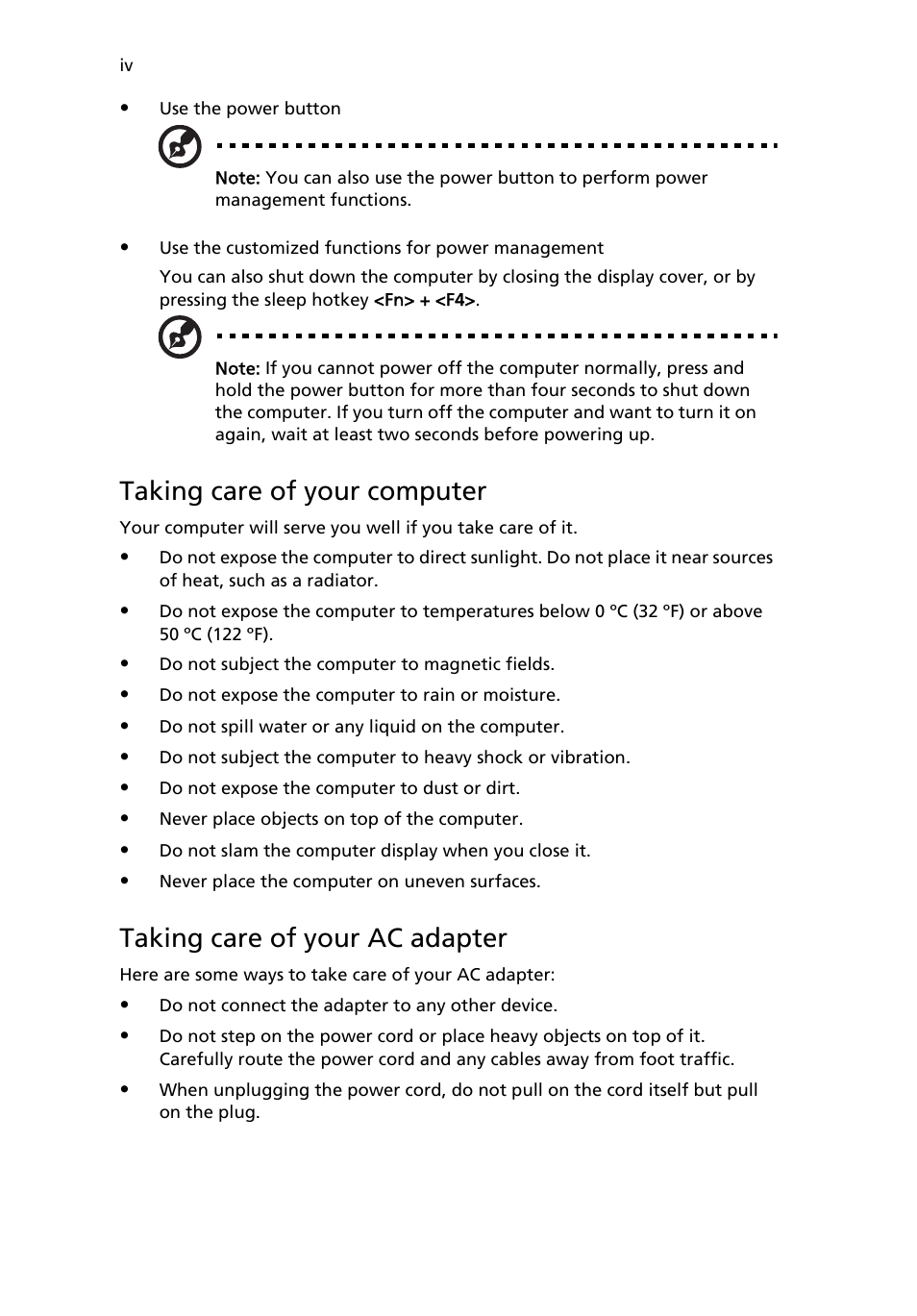 Taking care of your computer, Taking care of your ac adapter | Acer Aspire 5500 User Manual | Page 4 / 76