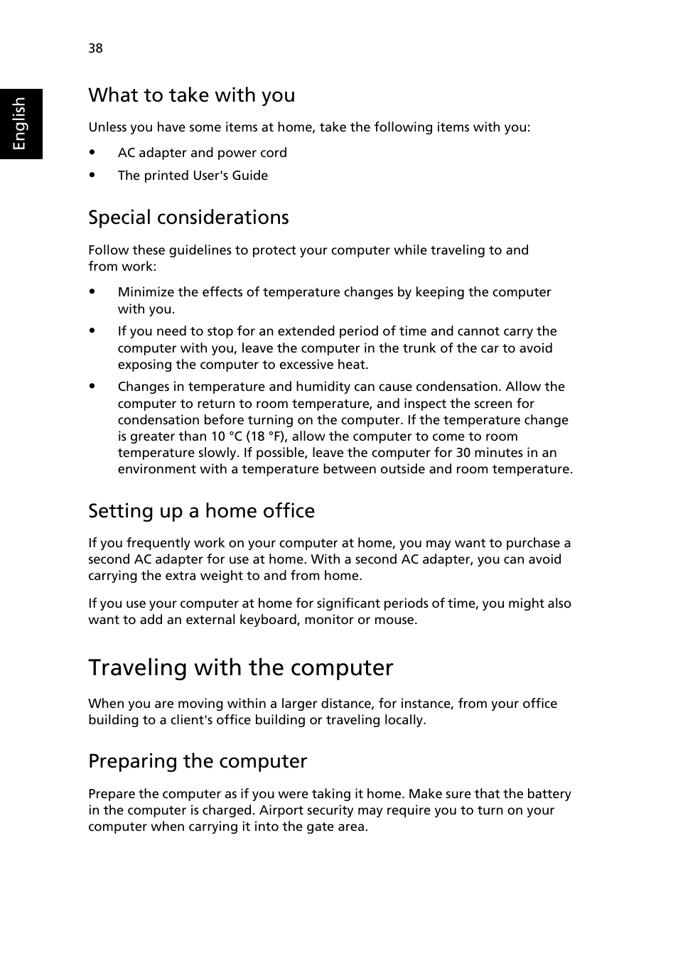 Traveling with the computer, What to take with you, Special considerations | Setting up a home office, Preparing the computer | Acer Aspire 5500 User Manual | Page 46 / 76