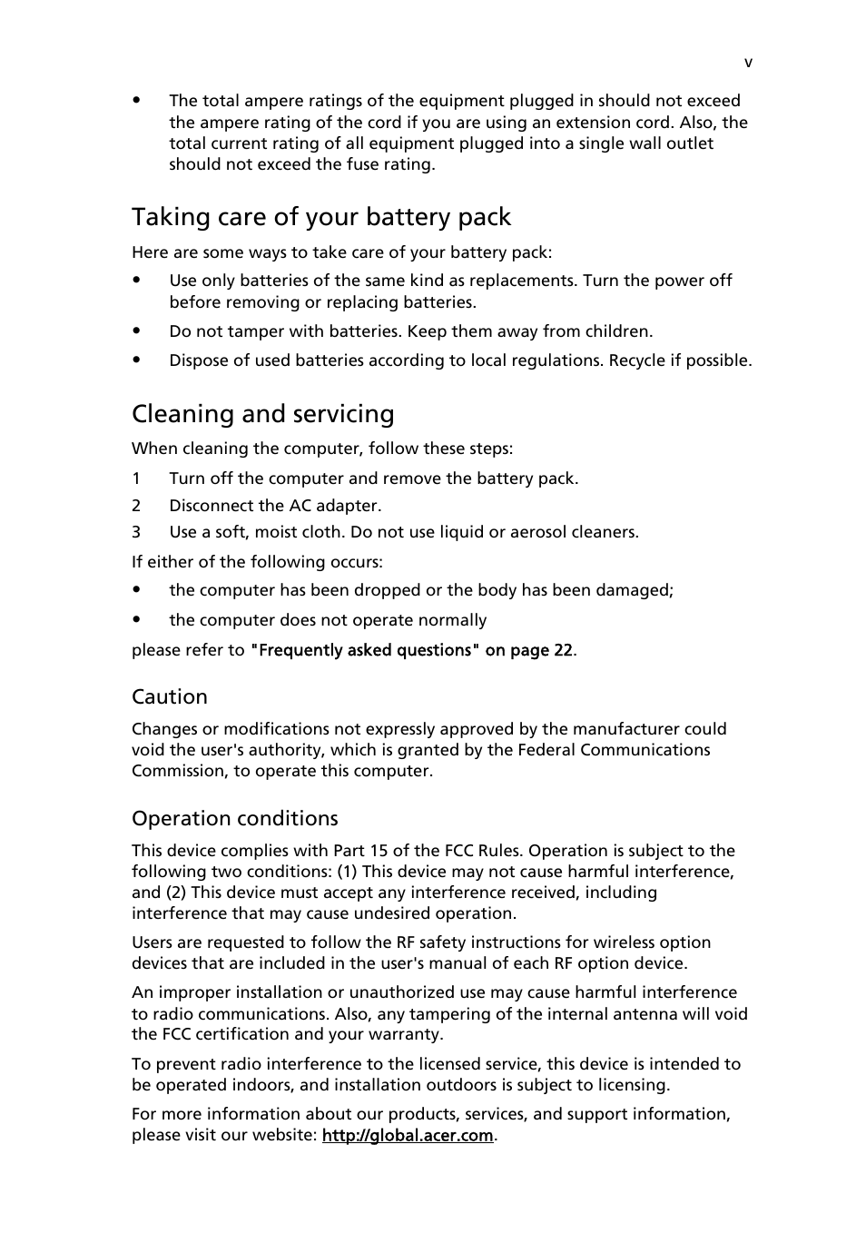 Taking care of your battery pack, Cleaning and servicing | Acer Aspire 5500 User Manual | Page 5 / 76
