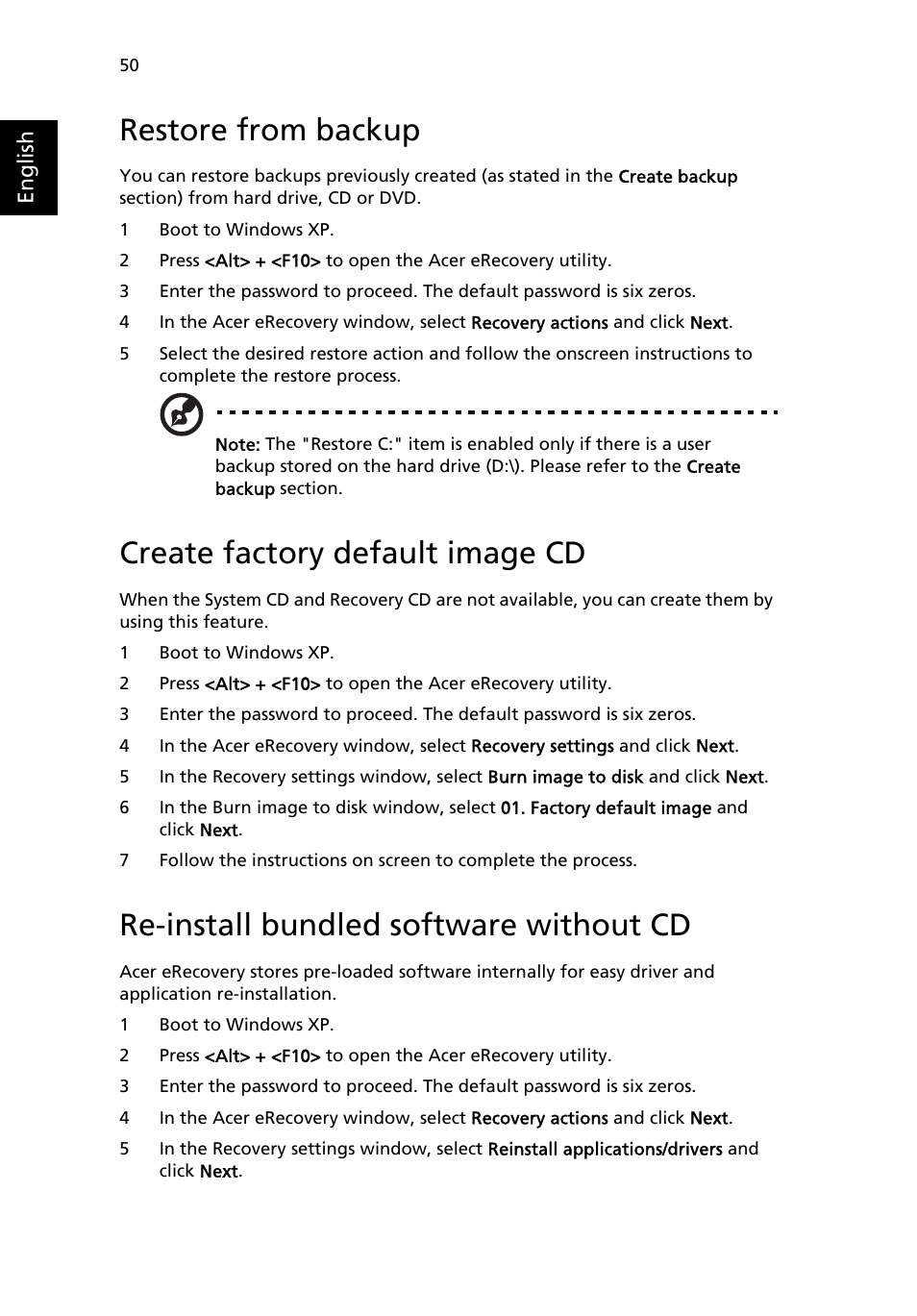 Restore from backup, Create factory default image cd, Re-install bundled software without cd | Acer Aspire 5500 User Manual | Page 58 / 76