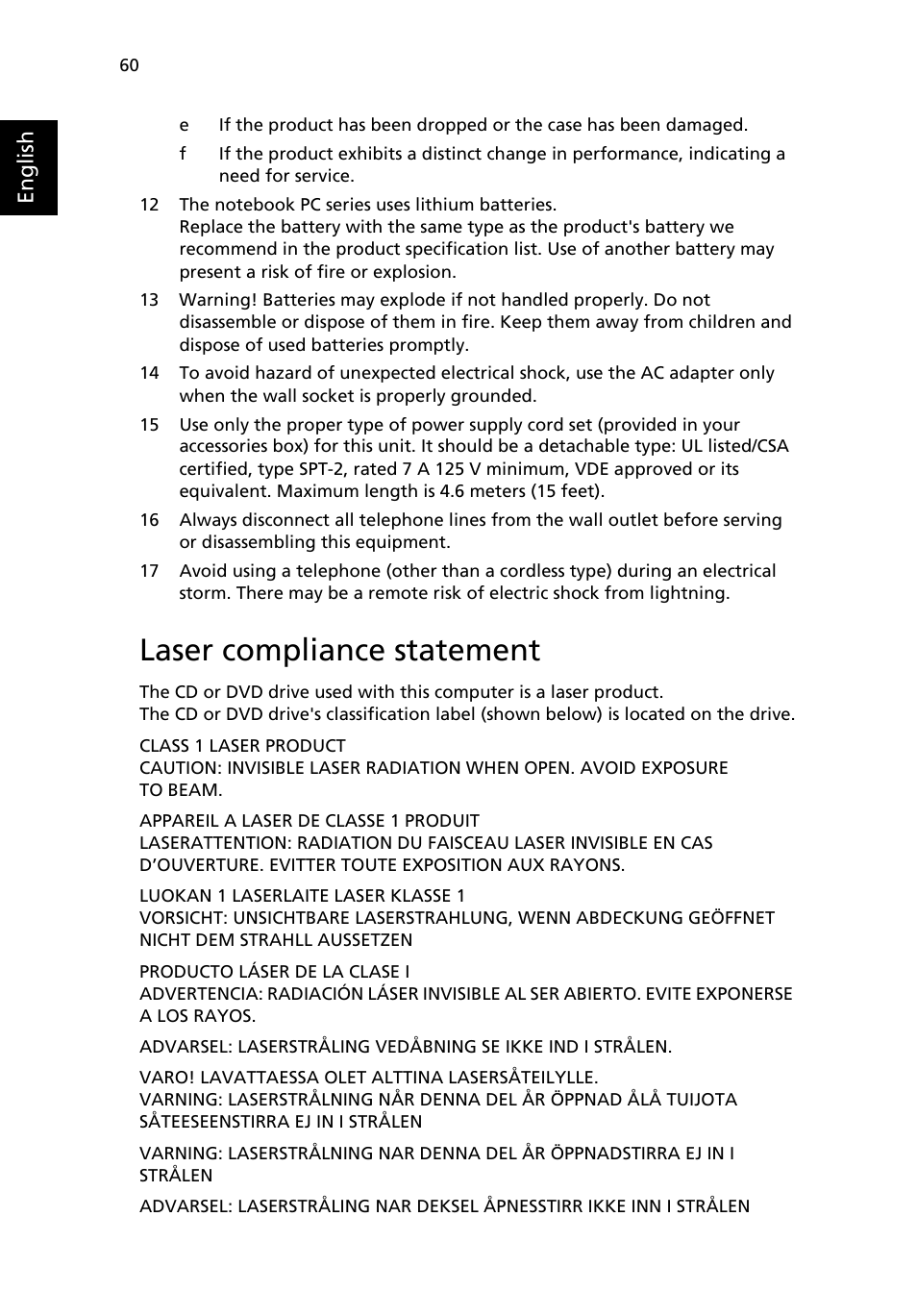 Laser compliance statement | Acer Aspire 5500 User Manual | Page 68 / 76