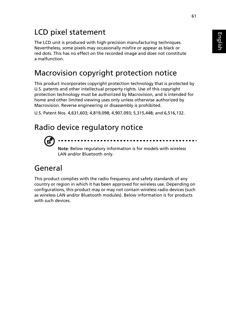 Lcd pixel statement, Macrovision copyright protection notice, Radio device regulatory notice | General | Acer Aspire 5500 User Manual | Page 69 / 76