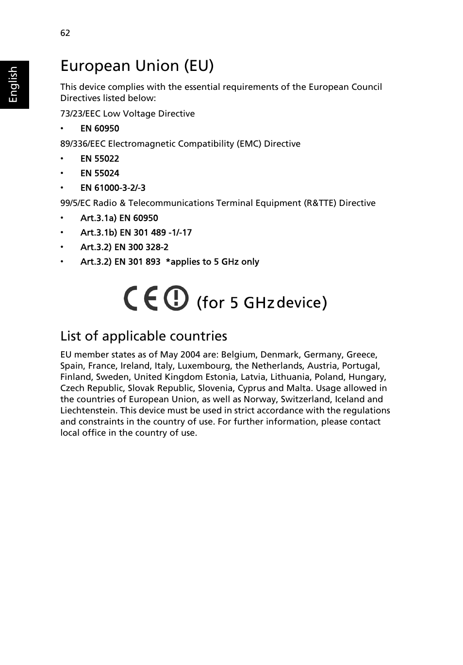 European union (eu), List of applicable countries | Acer Aspire 5500 User Manual | Page 70 / 76