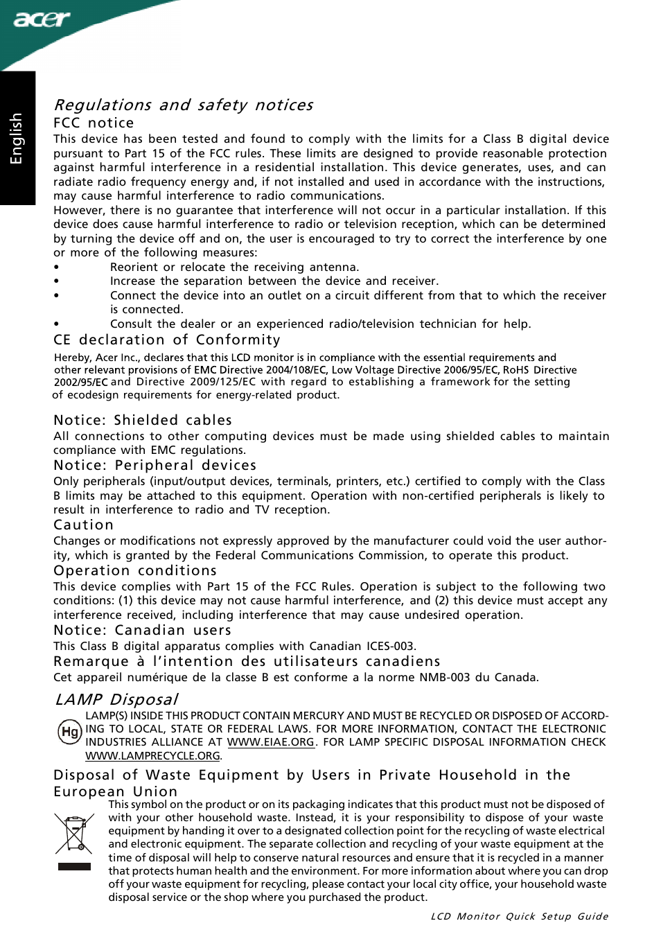 Lamp disposal, Regulations and safety notices, En gl is h | Acer P236H User Manual | Page 2 / 2