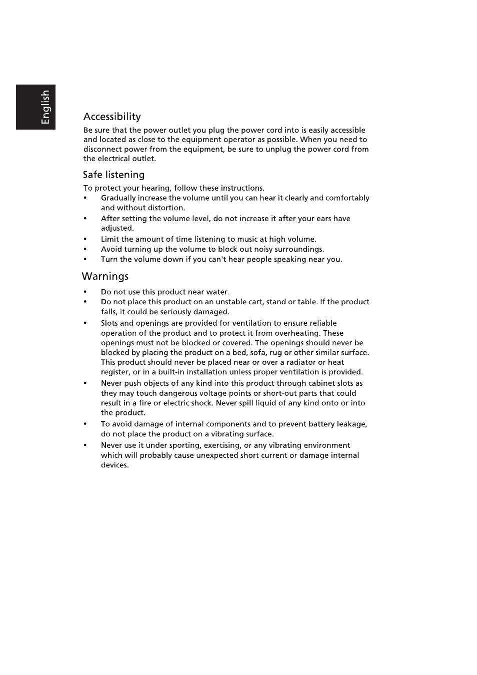 Accessibility, Safe listening, Warnings | Acer B236HL User Manual | Page 4 / 9