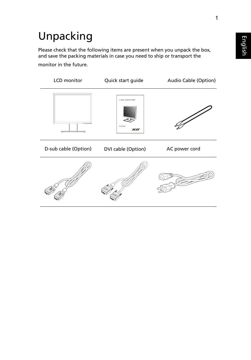 Unpacking | Acer V196L User Manual | Page 13 / 27