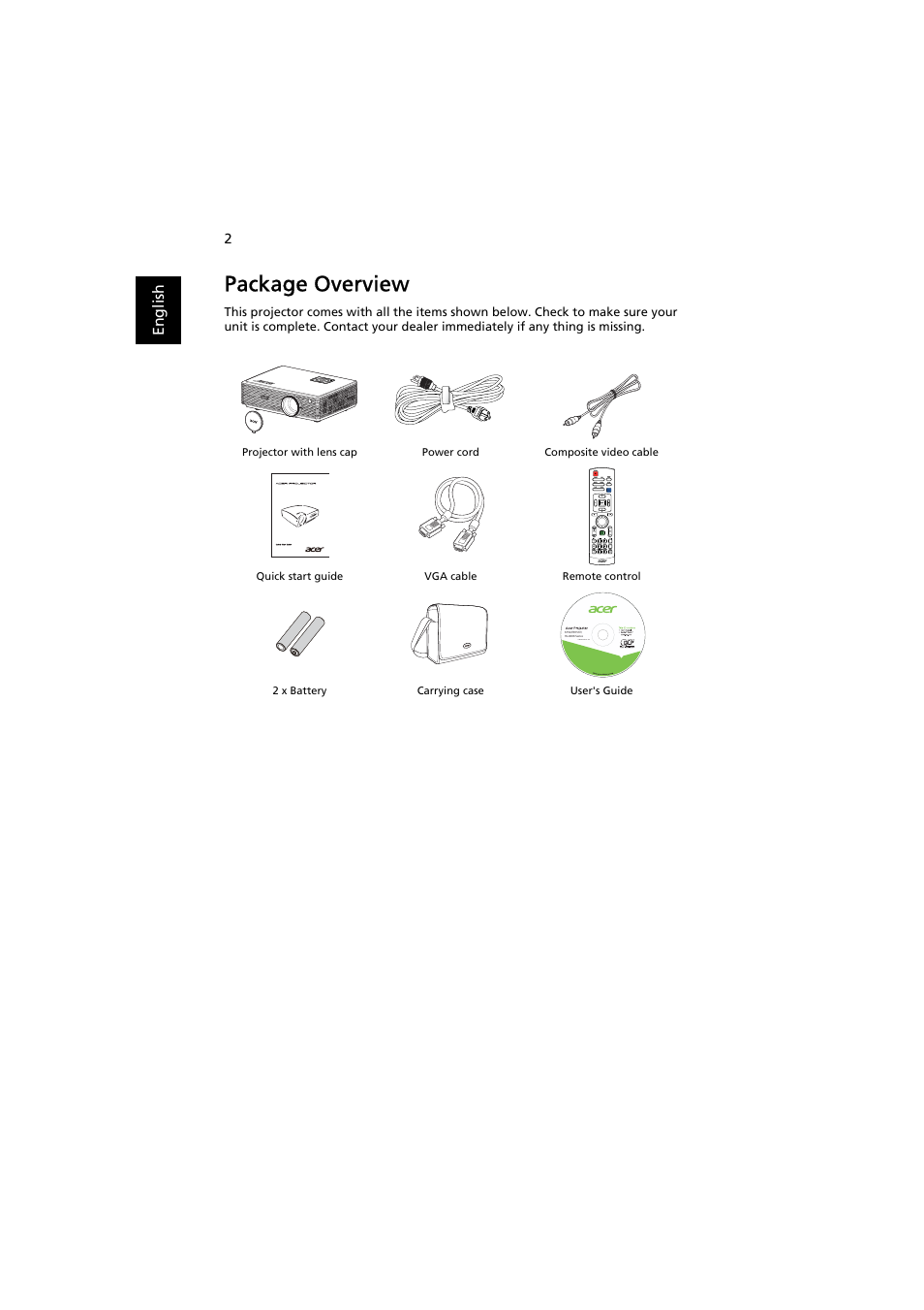 Package overview | Acer K750 User Manual | Page 12 / 56
