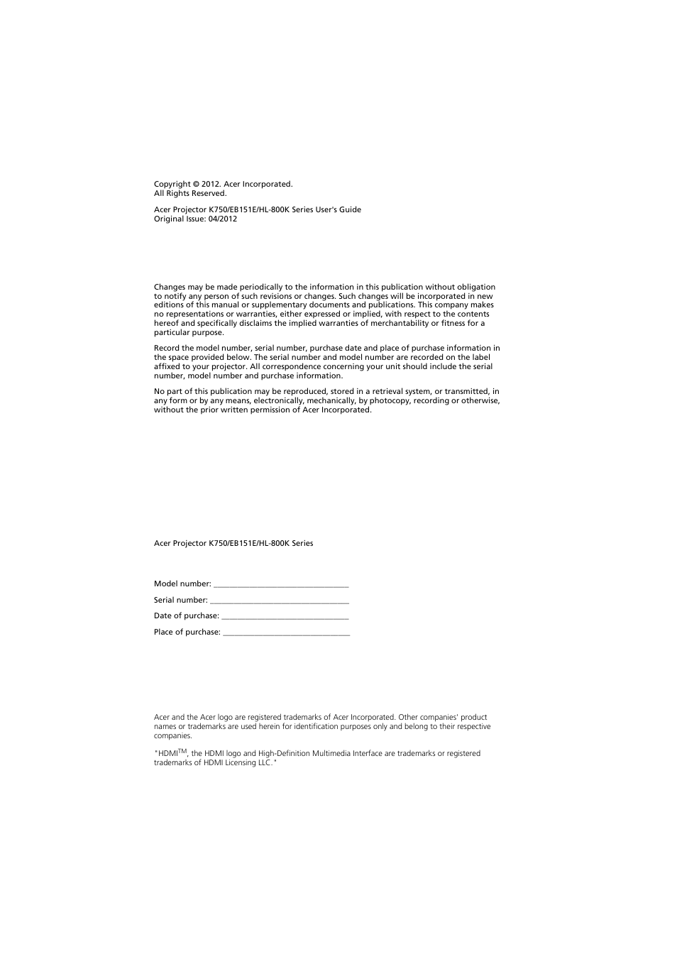 Acer K750 User Manual | Page 2 / 56