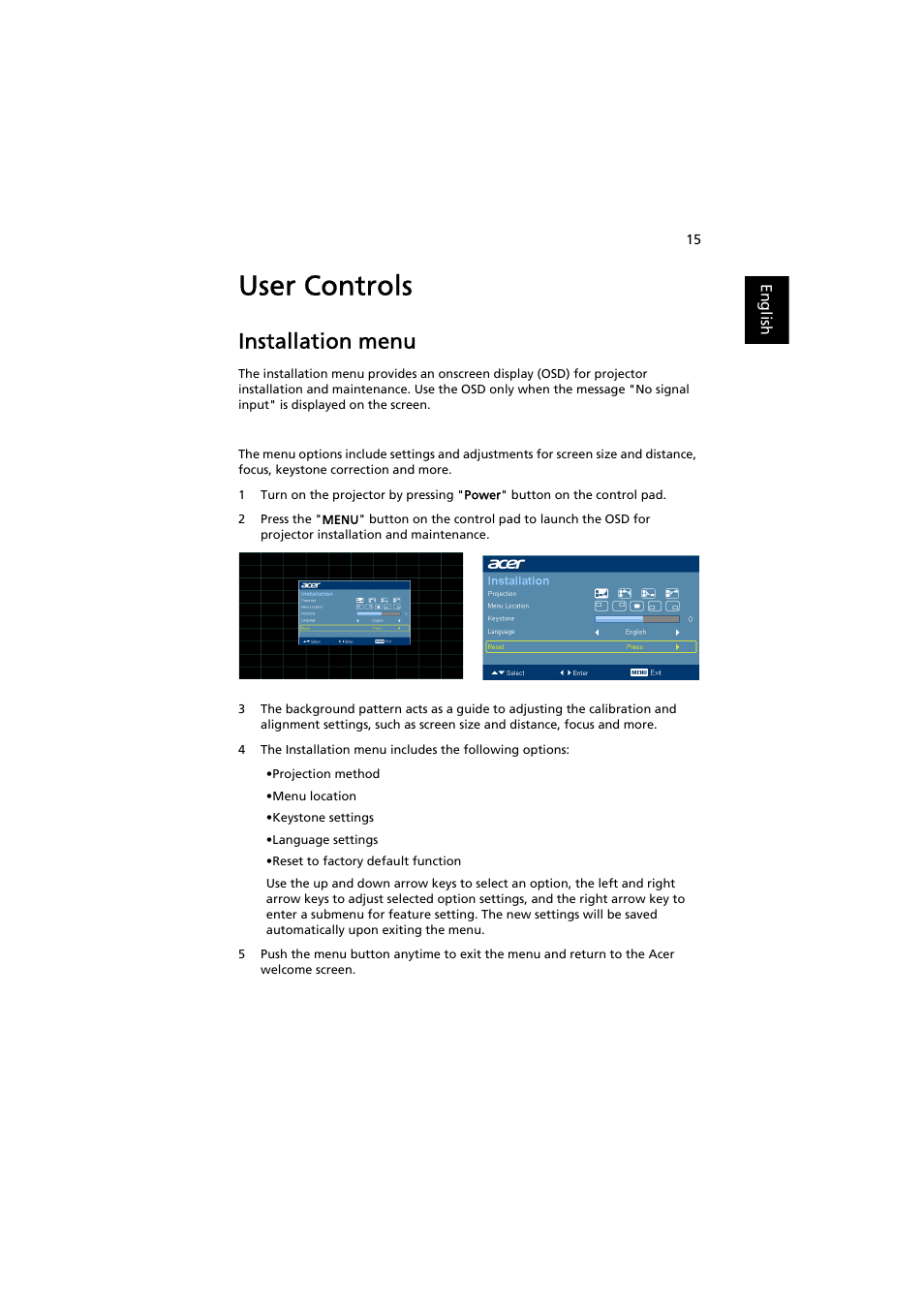 User controls, Installation menu | Acer K750 User Manual | Page 25 / 56