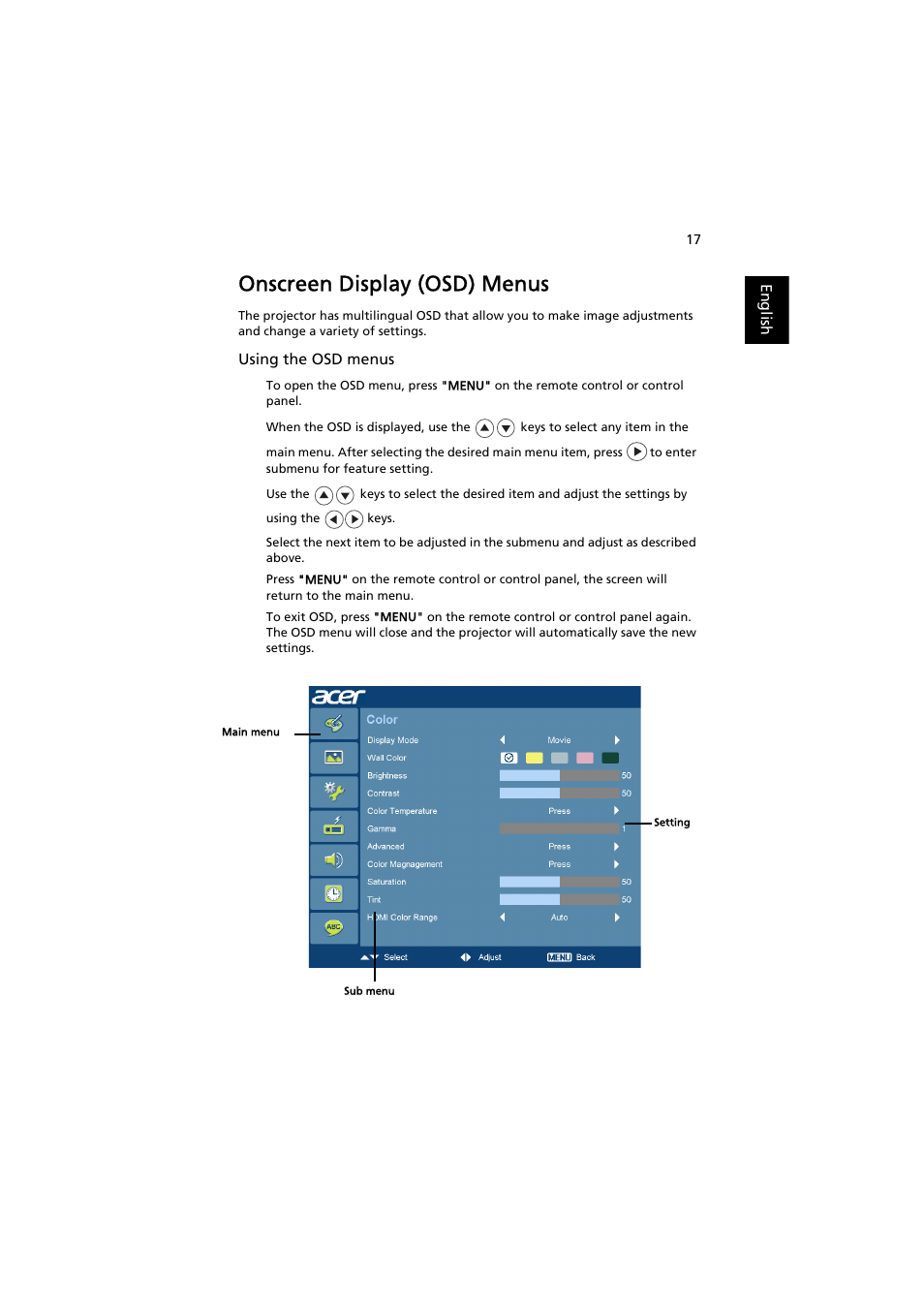 Onscreen display (osd) menus | Acer K750 User Manual | Page 27 / 56