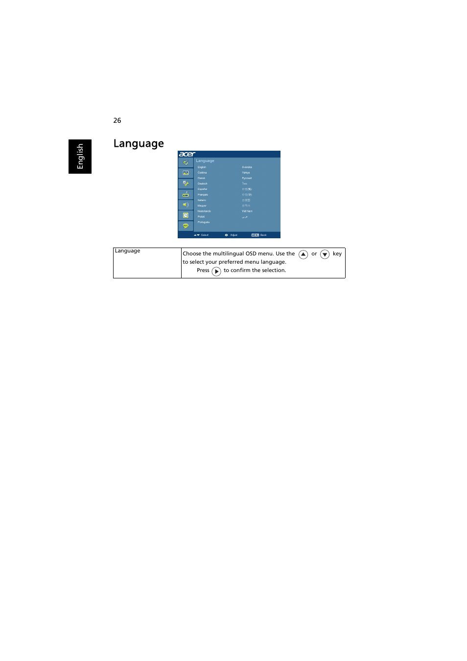 Language | Acer K750 User Manual | Page 36 / 56