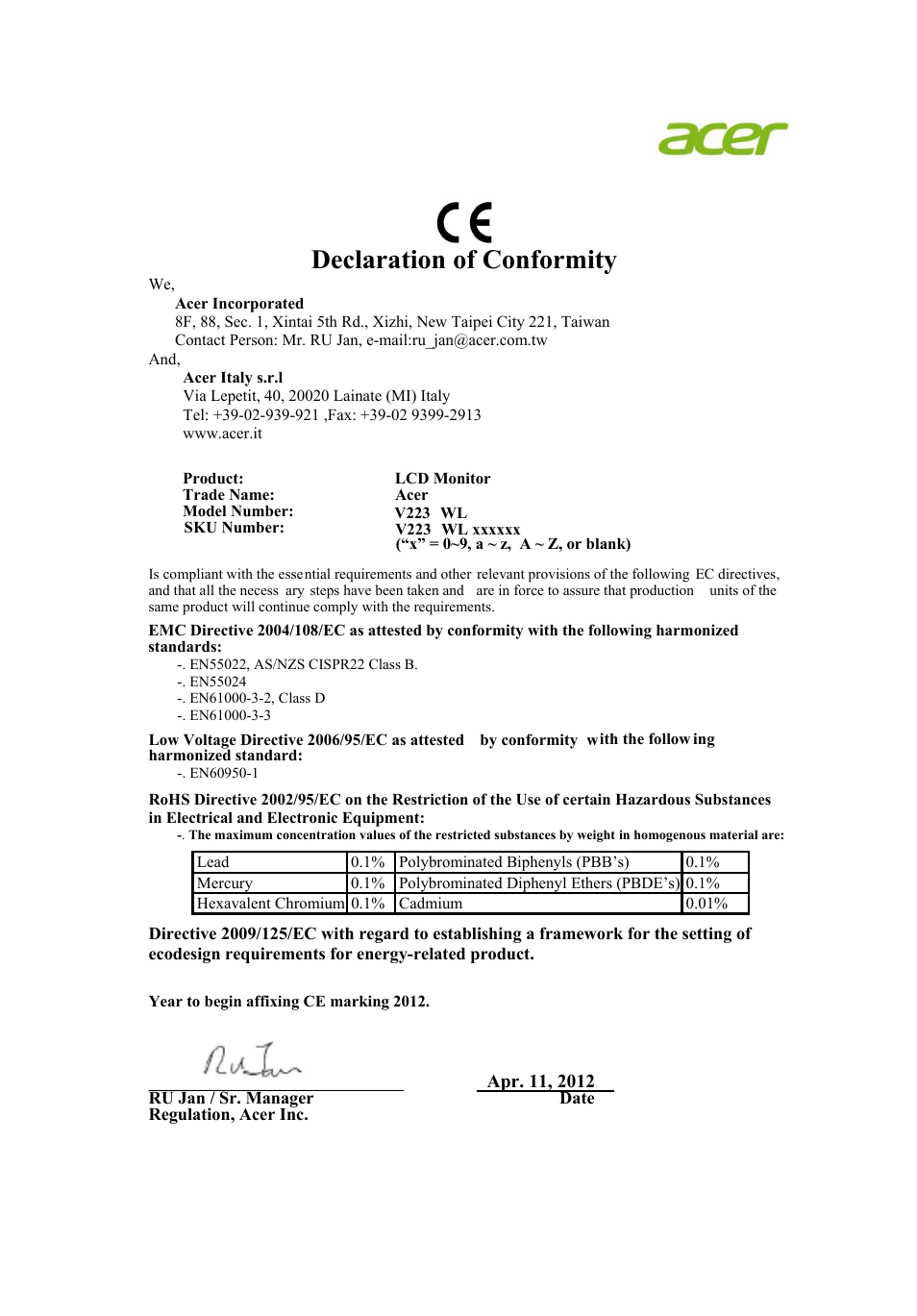 Declaration of conformity | Acer V223PWL User Manual | Page 10 / 26