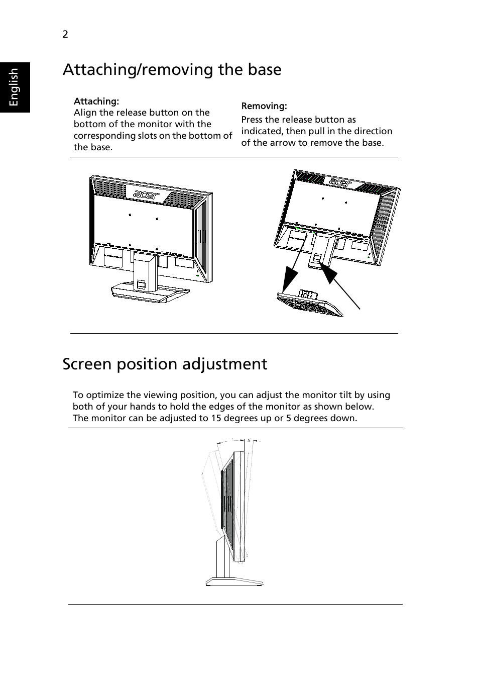 Attaching/removing the base, Screen position adjustment | Acer V223PWL User Manual | Page 14 / 26