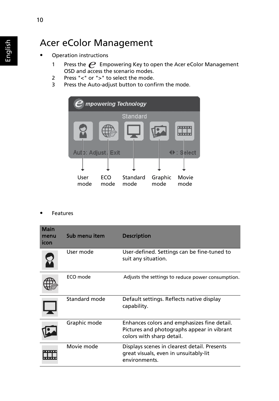 Acer ecolor management, English | Acer V223PWL User Manual | Page 22 / 26