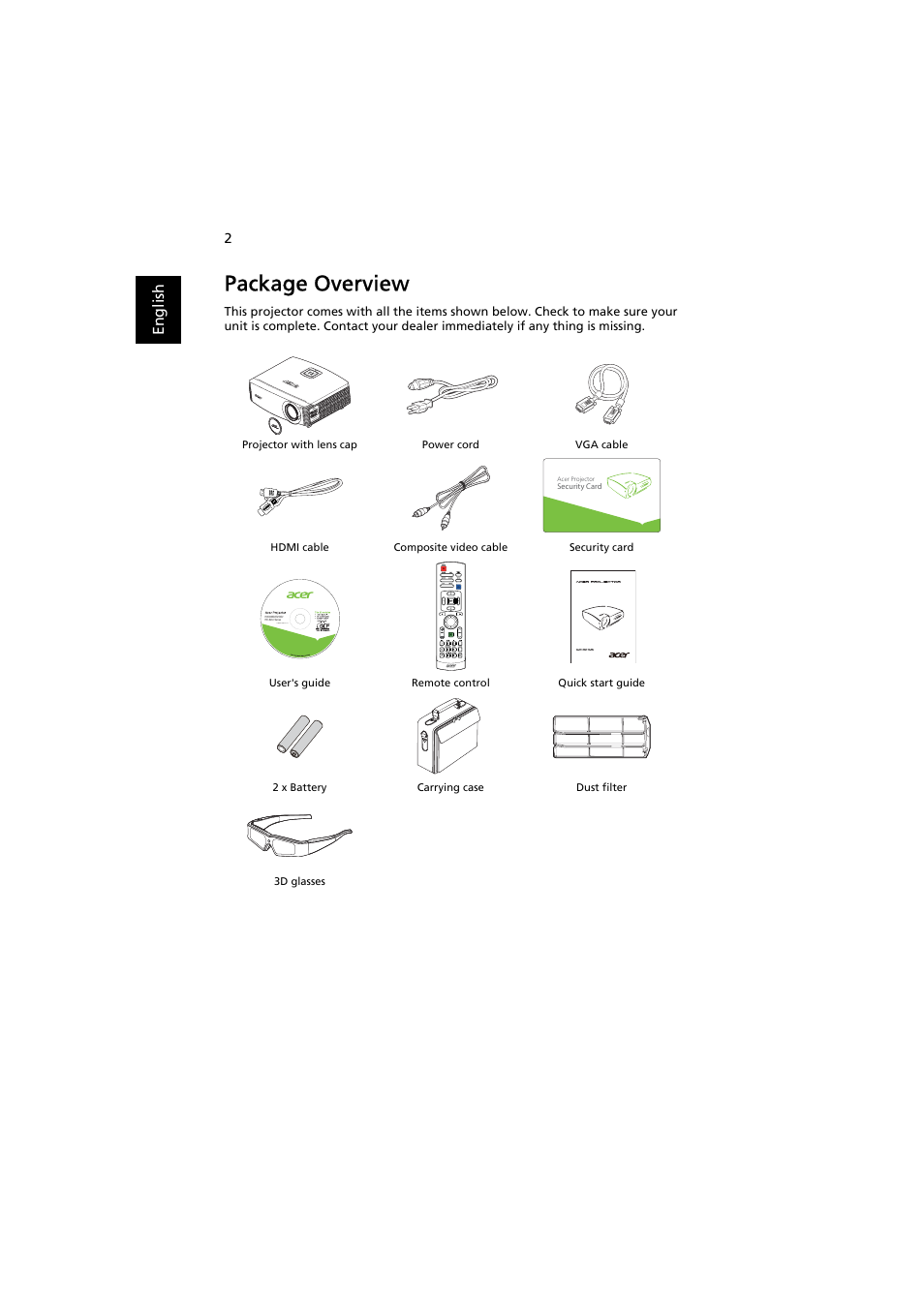 Package overview | Acer H9500BD User Manual | Page 12 / 61