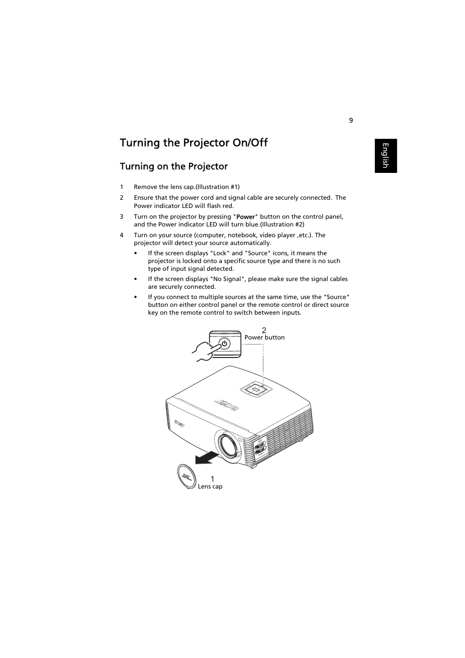 Turning the projector on/off, Turning on the projector | Acer H9500BD User Manual | Page 19 / 61