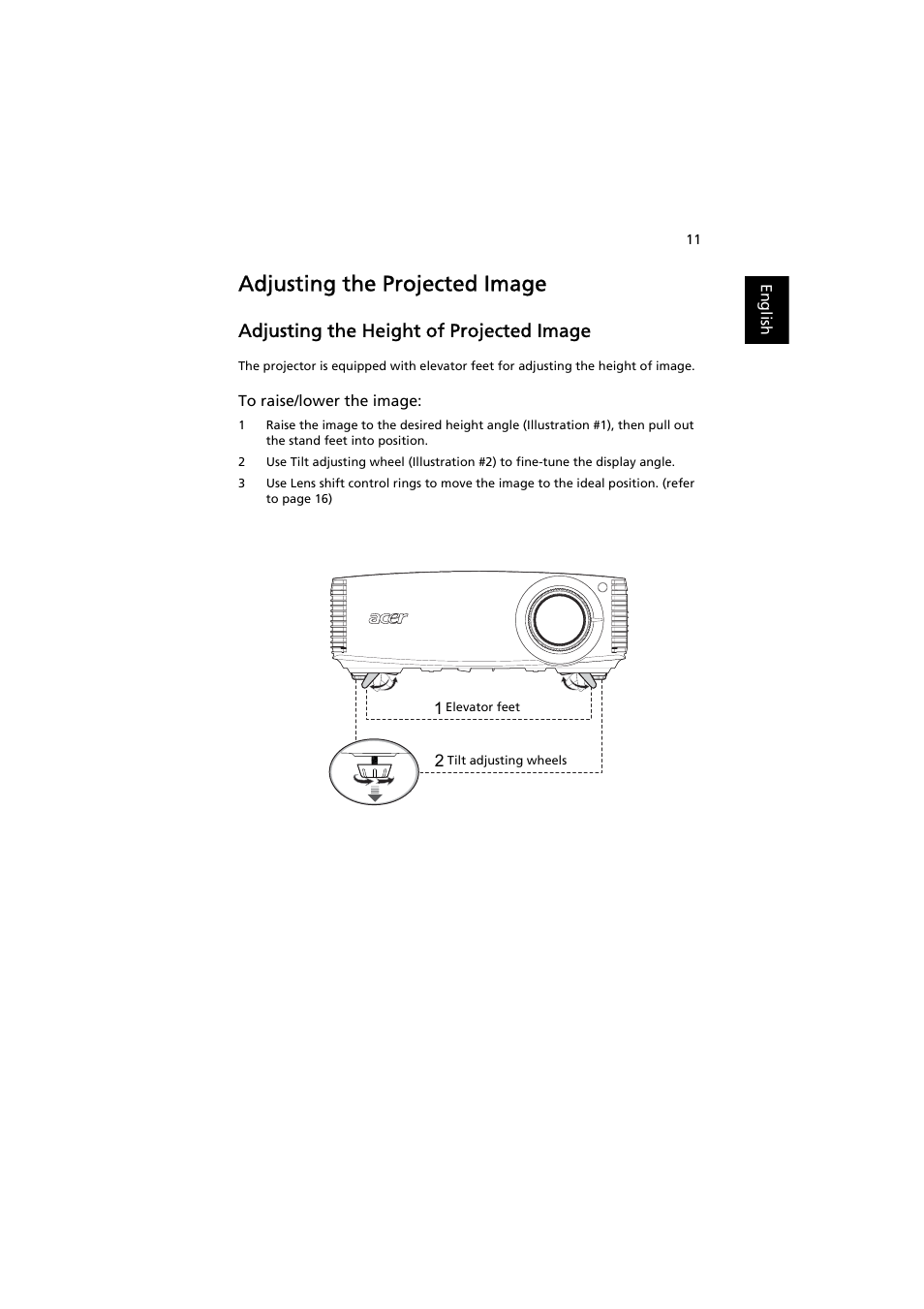 Adjusting the projected image, Adjusting the height of projected image | Acer H9500BD User Manual | Page 21 / 61