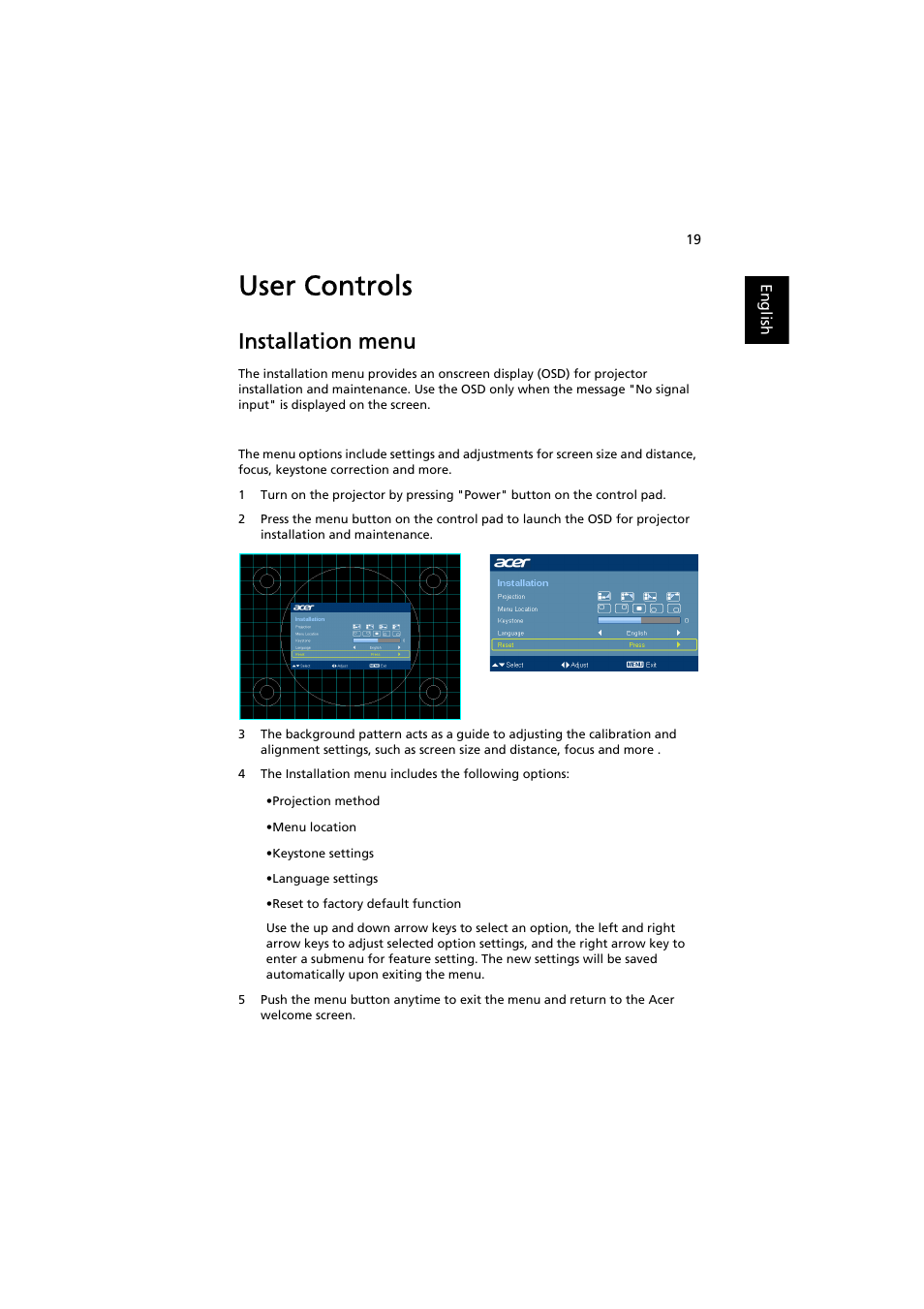 User controls, Installation menu | Acer H9500BD User Manual | Page 29 / 61