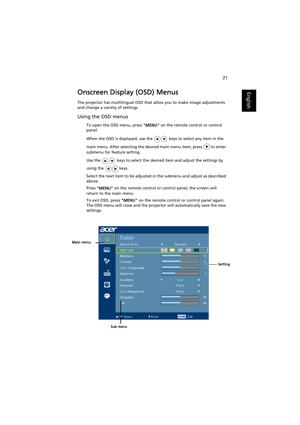Onscreen display (osd) menus | Acer H9500BD User Manual | Page 31 / 61
