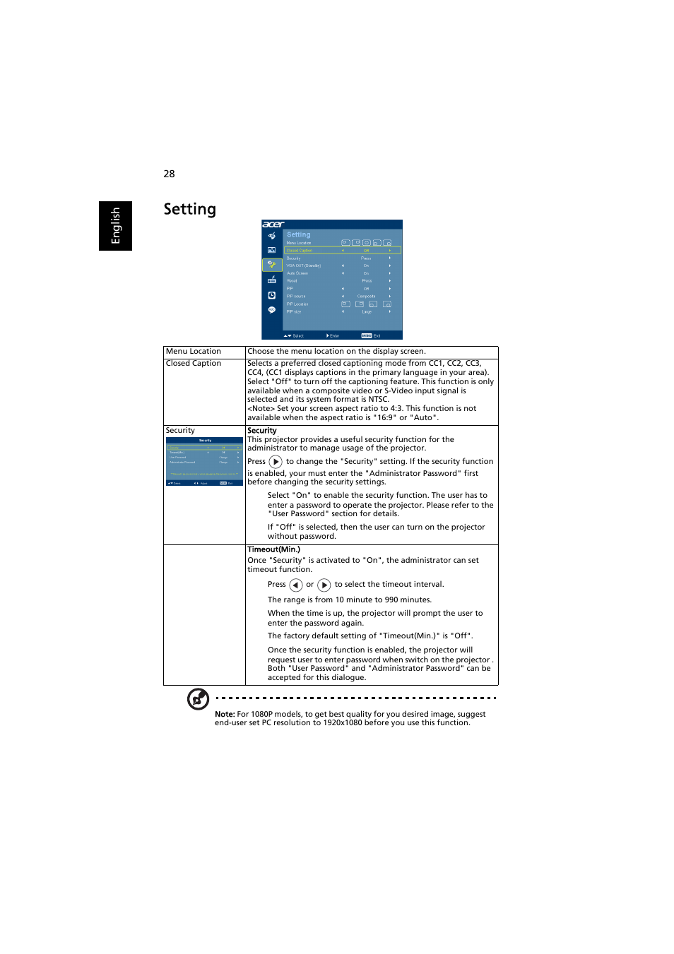 Setting | Acer H9500BD User Manual | Page 38 / 61