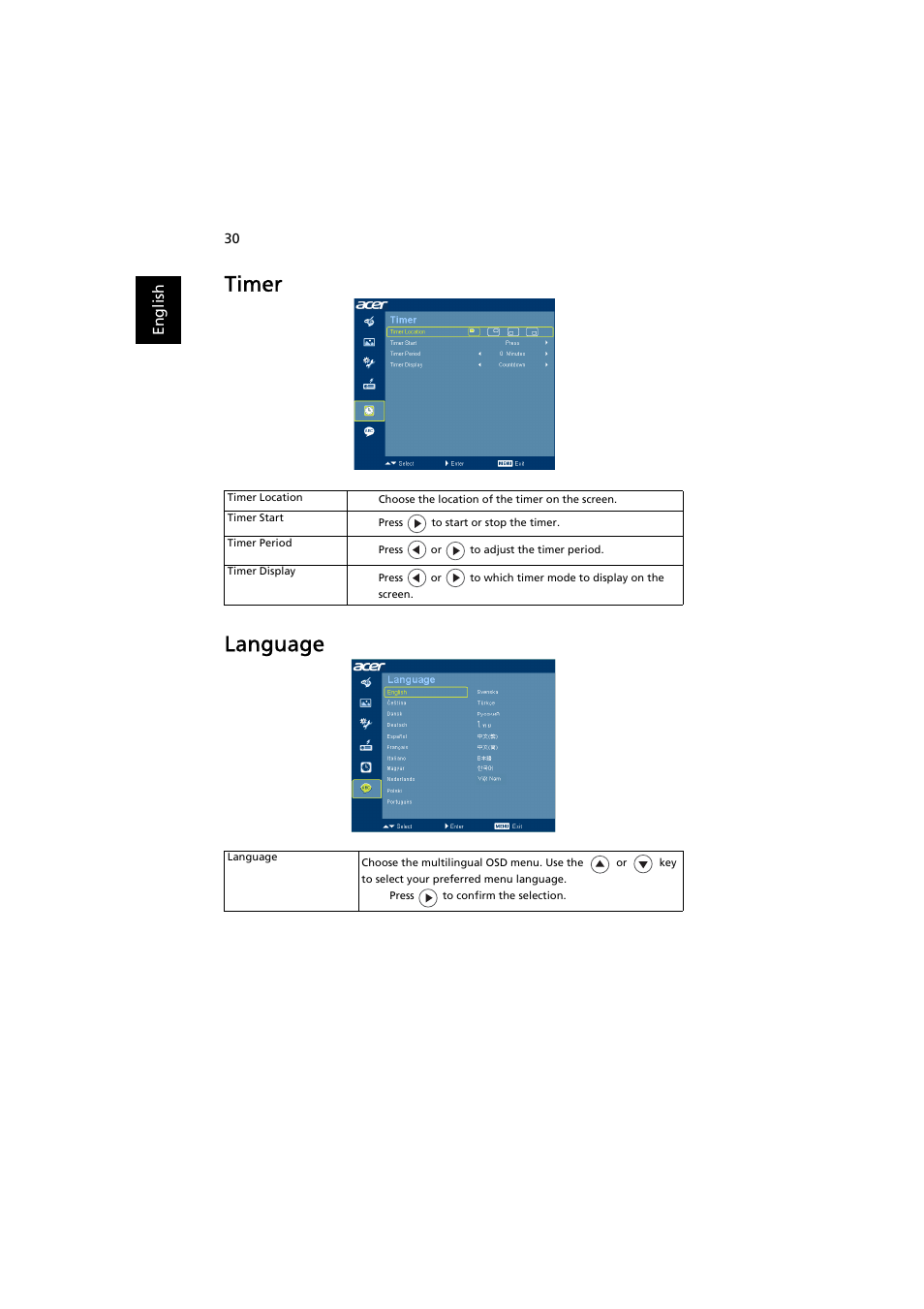 Timer, Language, Timer language | Acer H9500BD User Manual | Page 40 / 61