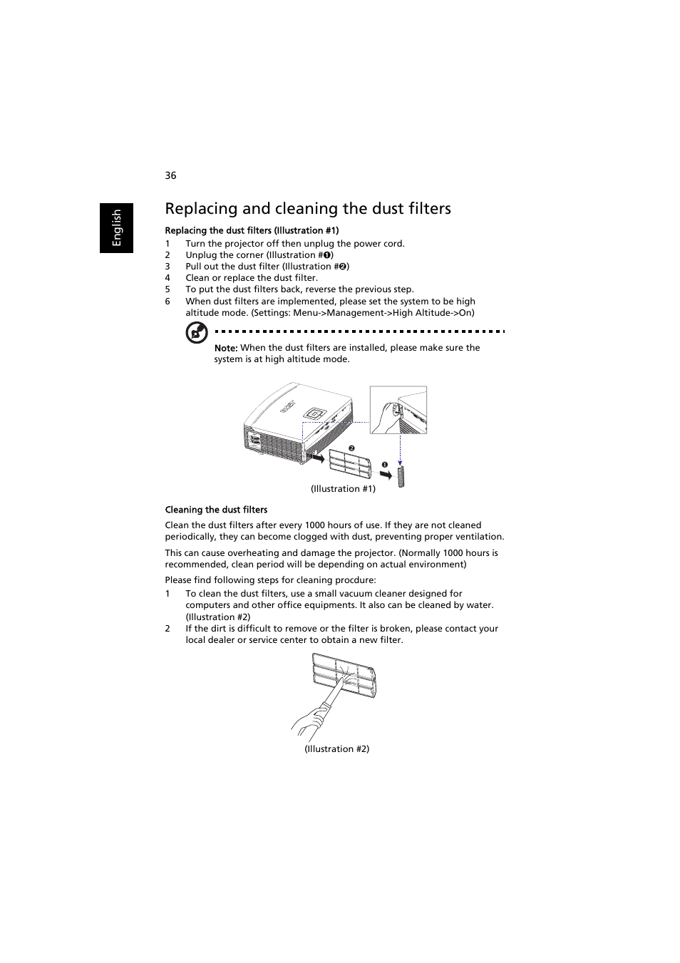 Replacing and cleaning the dust filters | Acer H9500BD User Manual | Page 46 / 61