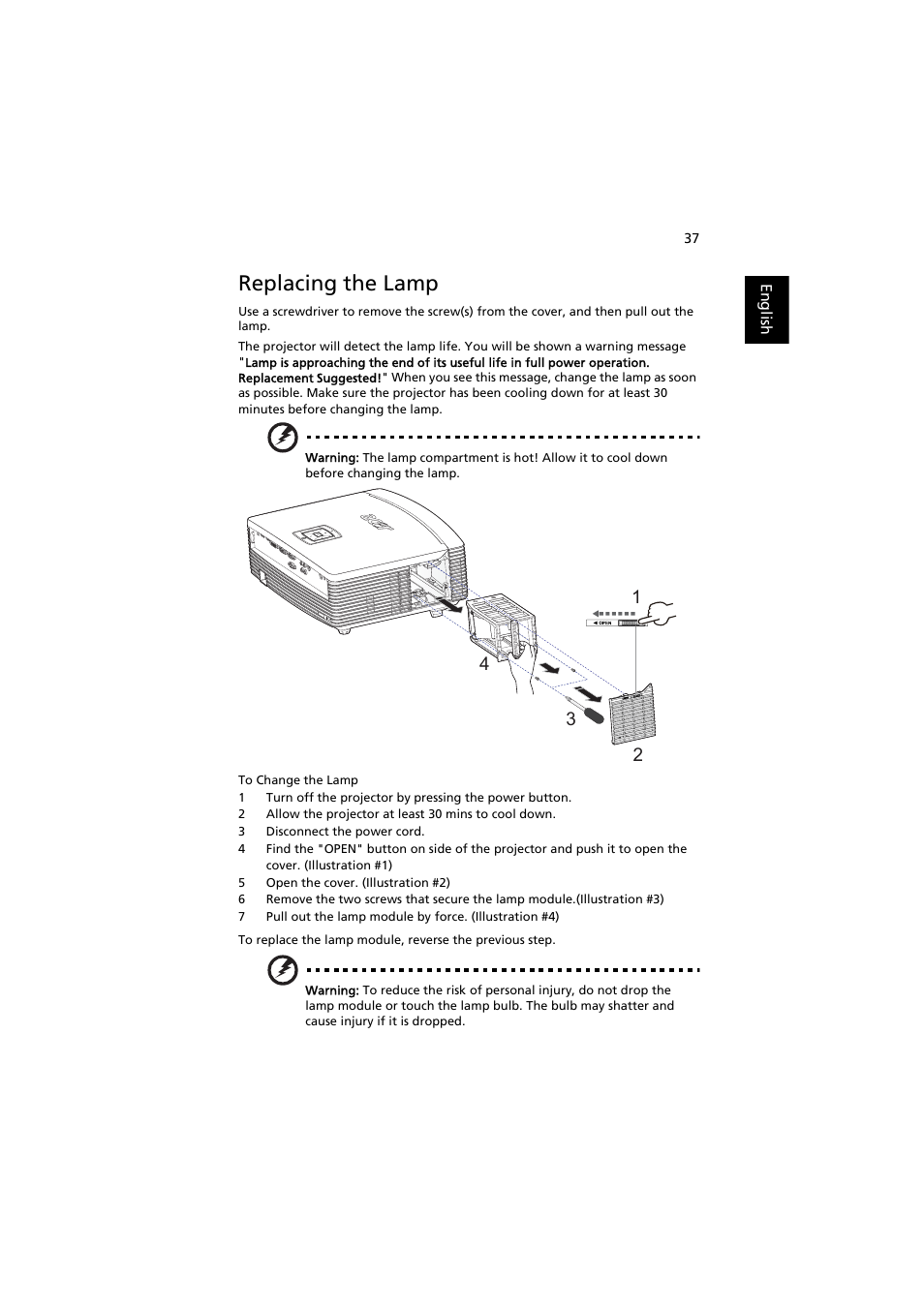 Replacing the lamp | Acer H9500BD User Manual | Page 47 / 61