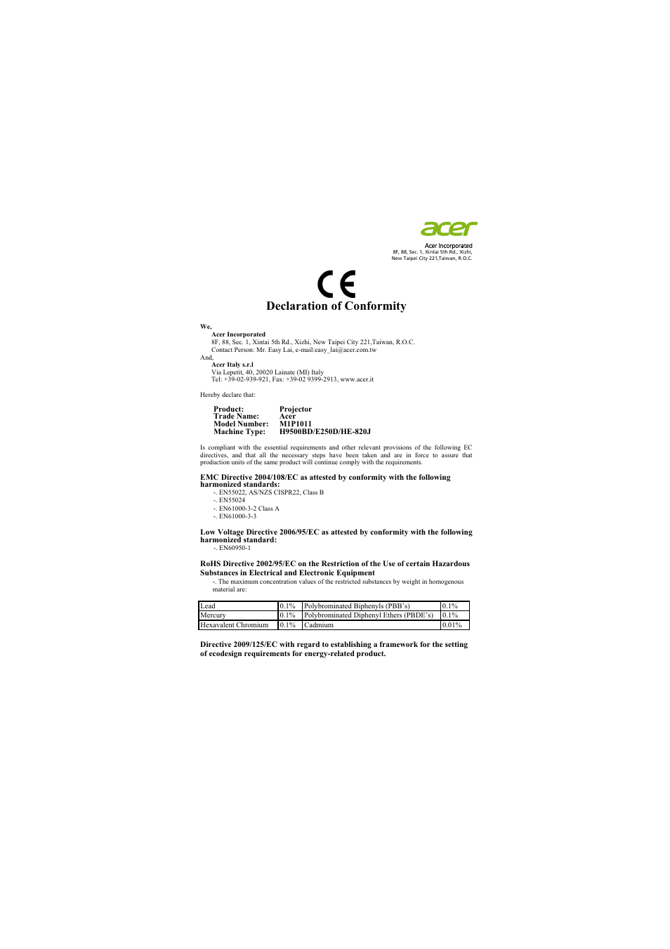 Declaration of conformity | Acer H9500BD User Manual | Page 59 / 61