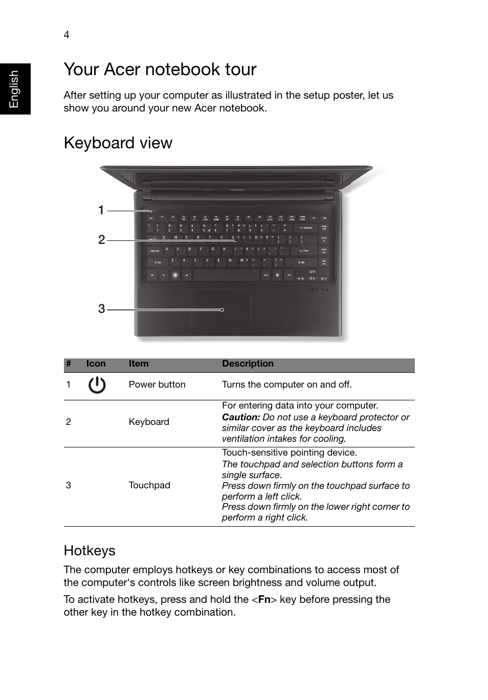 Your acer notebook tour, Keyboard view, Hotkeys | Acer Aspire V5-471 User Manual | Page 4 / 9