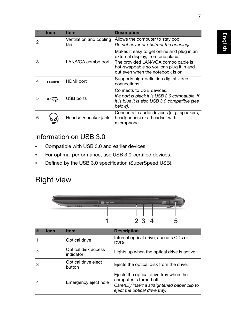 Right view, Information on usb 3.0 | Acer Aspire V5-471 User Manual | Page 7 / 9