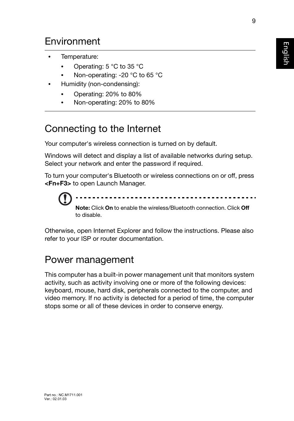 Environment, Connecting to the internet, Power management | Environment connecting to the internet | Acer Aspire V5-471 User Manual | Page 9 / 9