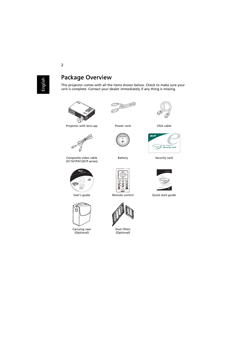 Package overview, En gl ish | Acer X1261P User Manual | Page 12 / 54