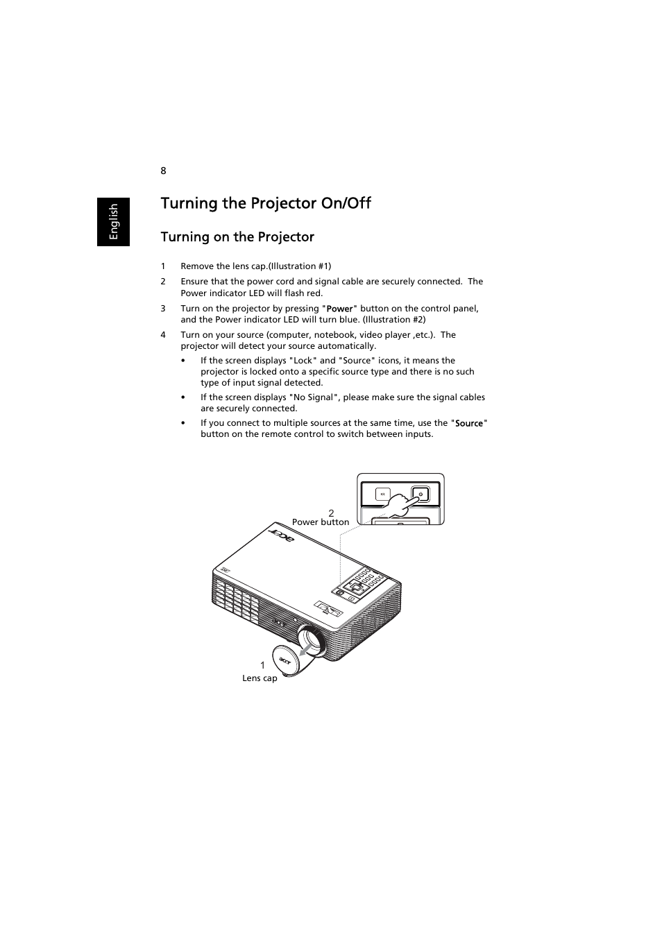 Turning the projector on/off, Turning on the projector | Acer X1261P User Manual | Page 18 / 54