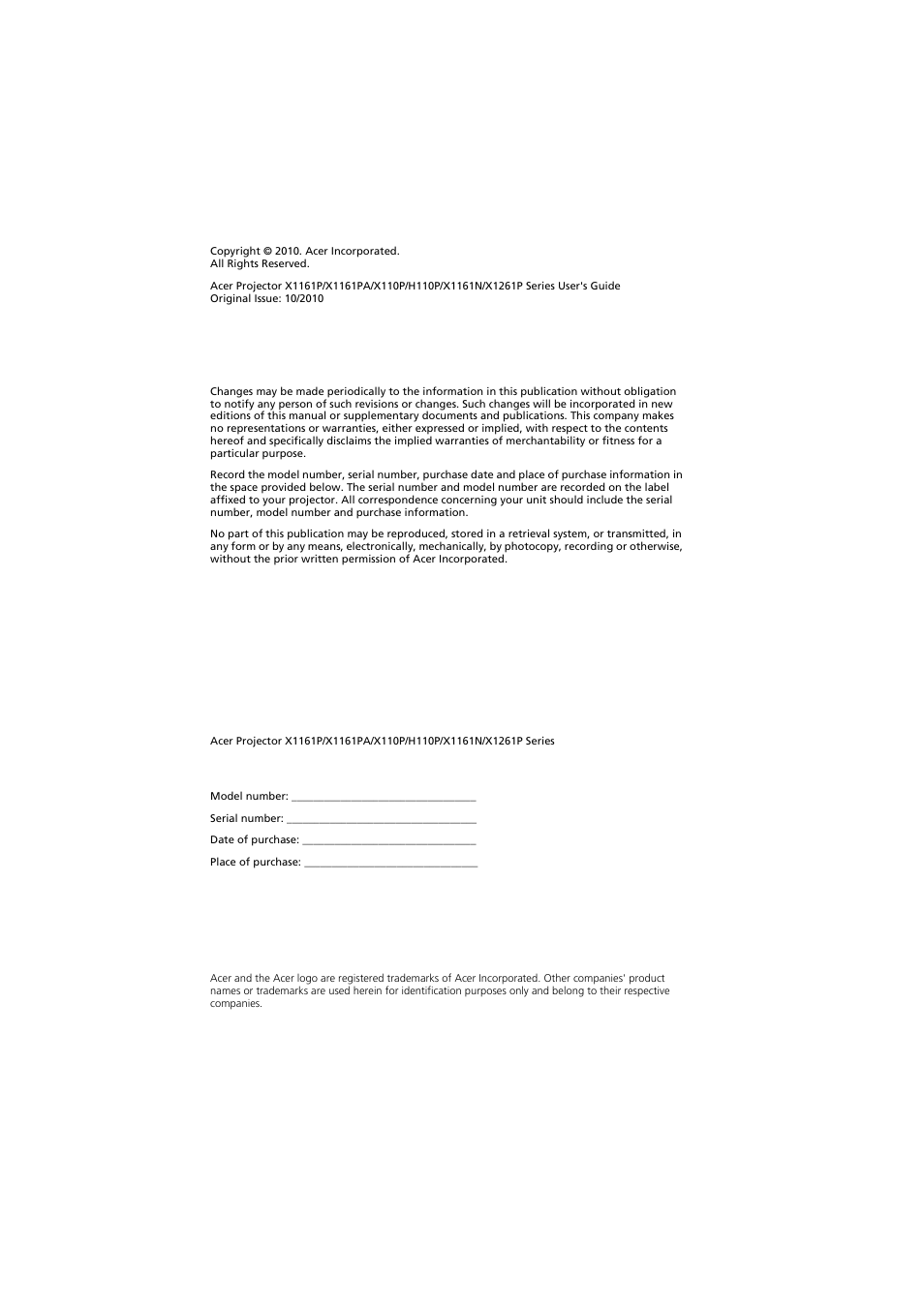 Acer X1261P User Manual | Page 2 / 54