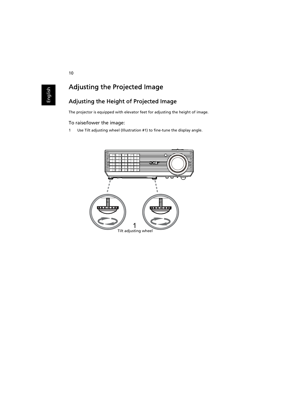 Adjusting the projected image, Adjusting the height of projected image | Acer X1261P User Manual | Page 20 / 54