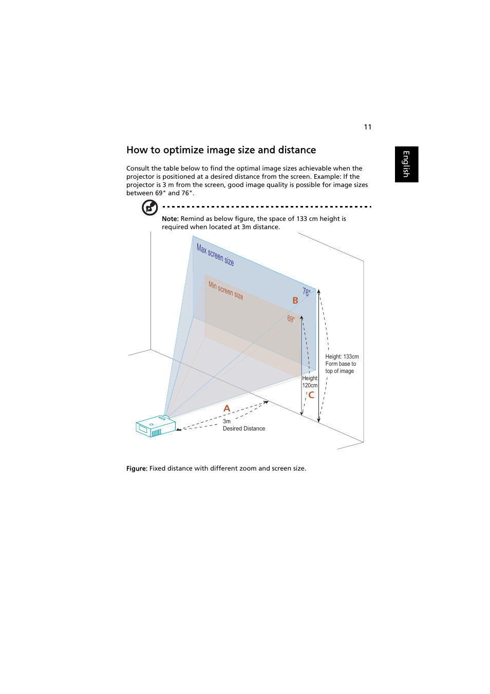 How to optimize image size and distance | Acer X1261P User Manual | Page 21 / 54