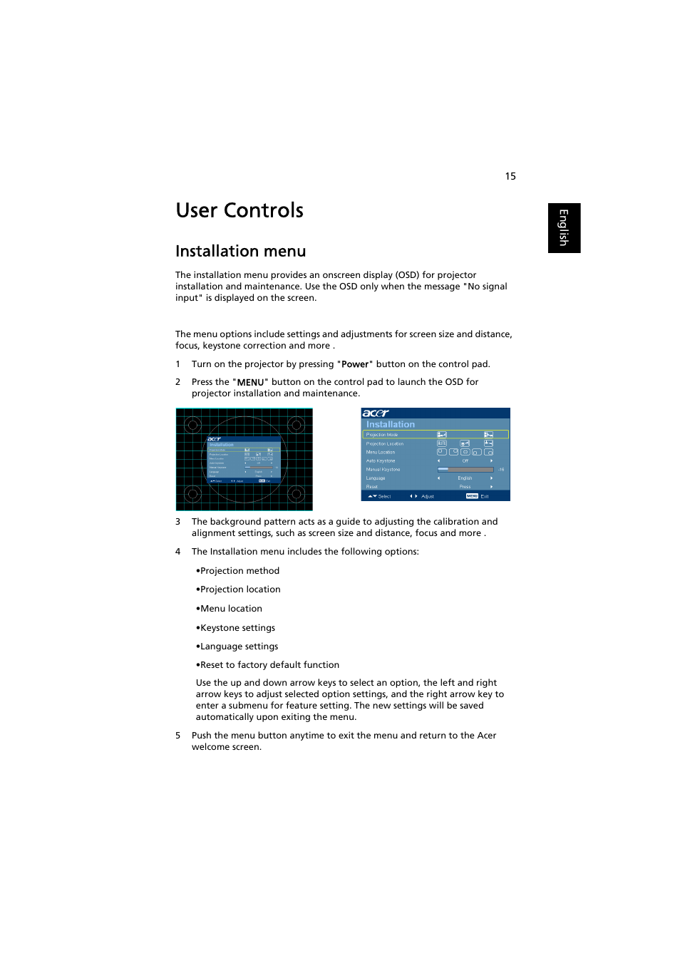 User controls, Installation menu | Acer X1261P User Manual | Page 25 / 54