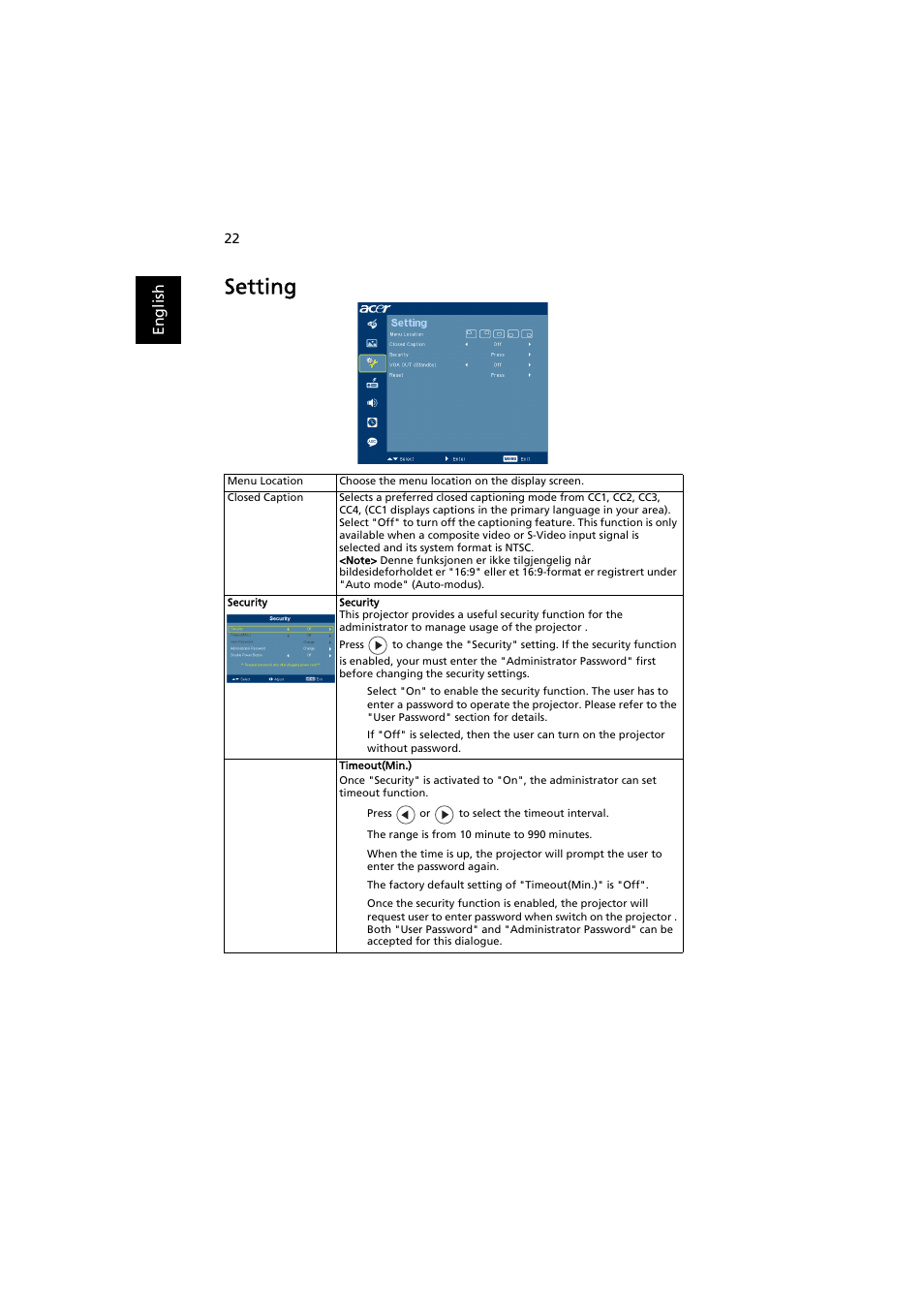 Setting | Acer X1261P User Manual | Page 32 / 54