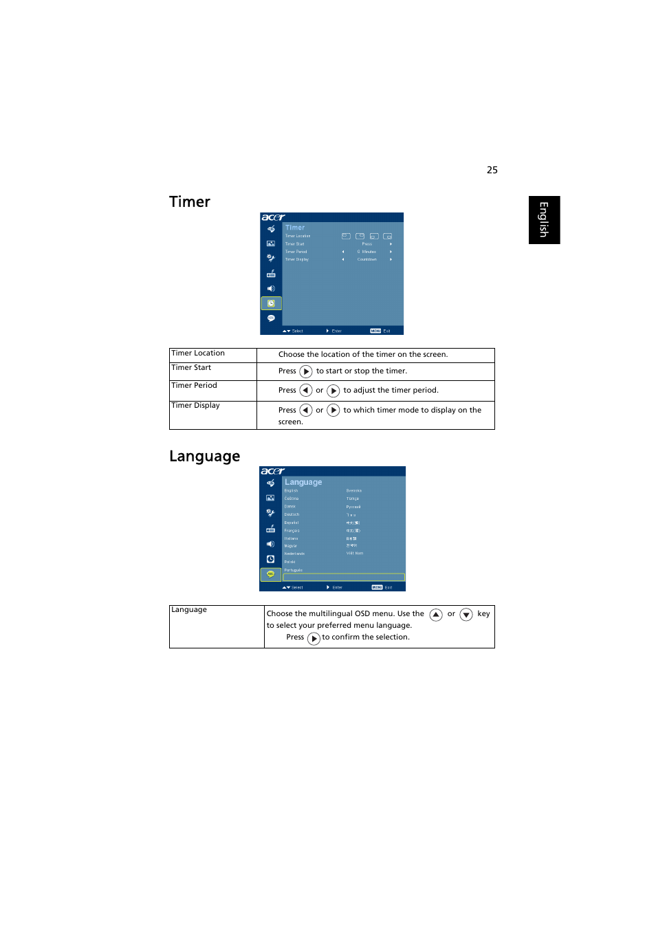 Language, Timer language | Acer X1261P User Manual | Page 35 / 54