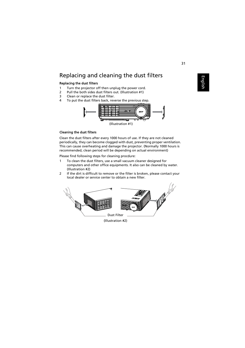 Replacing and cleaning the dust filters | Acer X1261P User Manual | Page 41 / 54