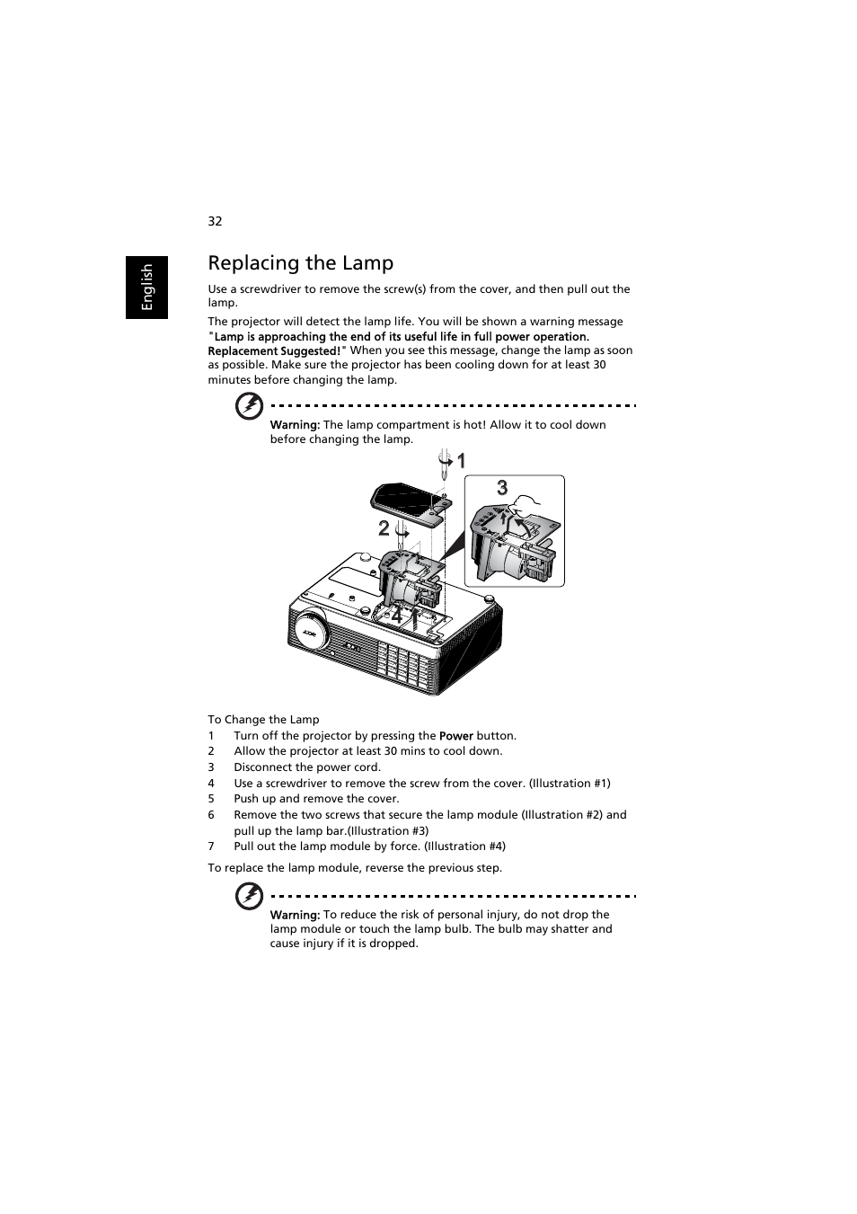 Replacing the lamp | Acer X1261P User Manual | Page 42 / 54