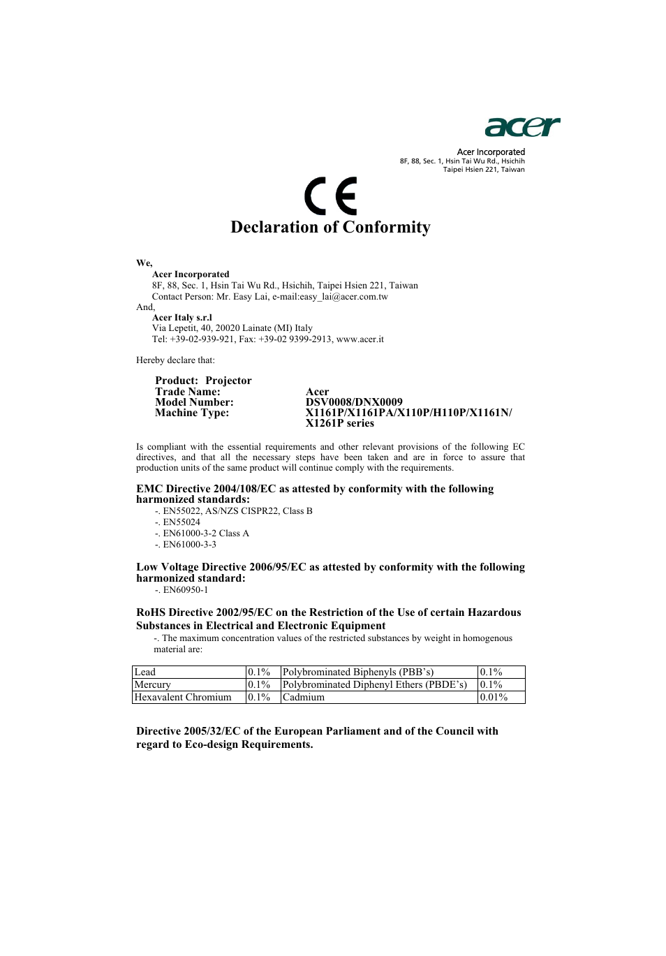 Declaration of conformity | Acer X1261P User Manual | Page 52 / 54