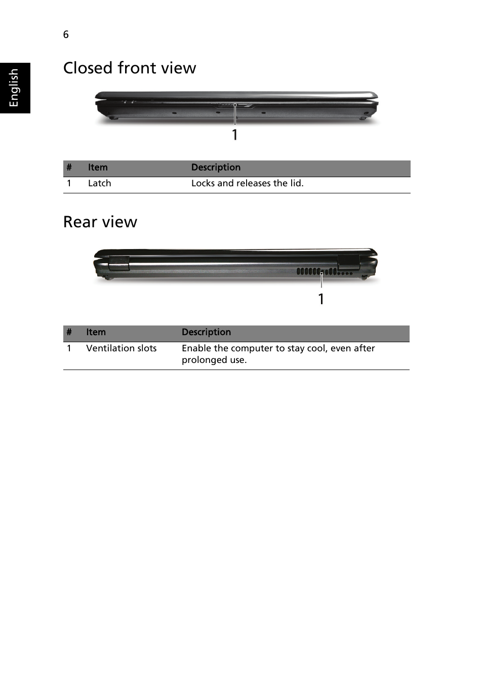 Closed front view, Rear view, Closed front view rear view | Acer Aspire 5730Z User Manual | Page 6 / 11