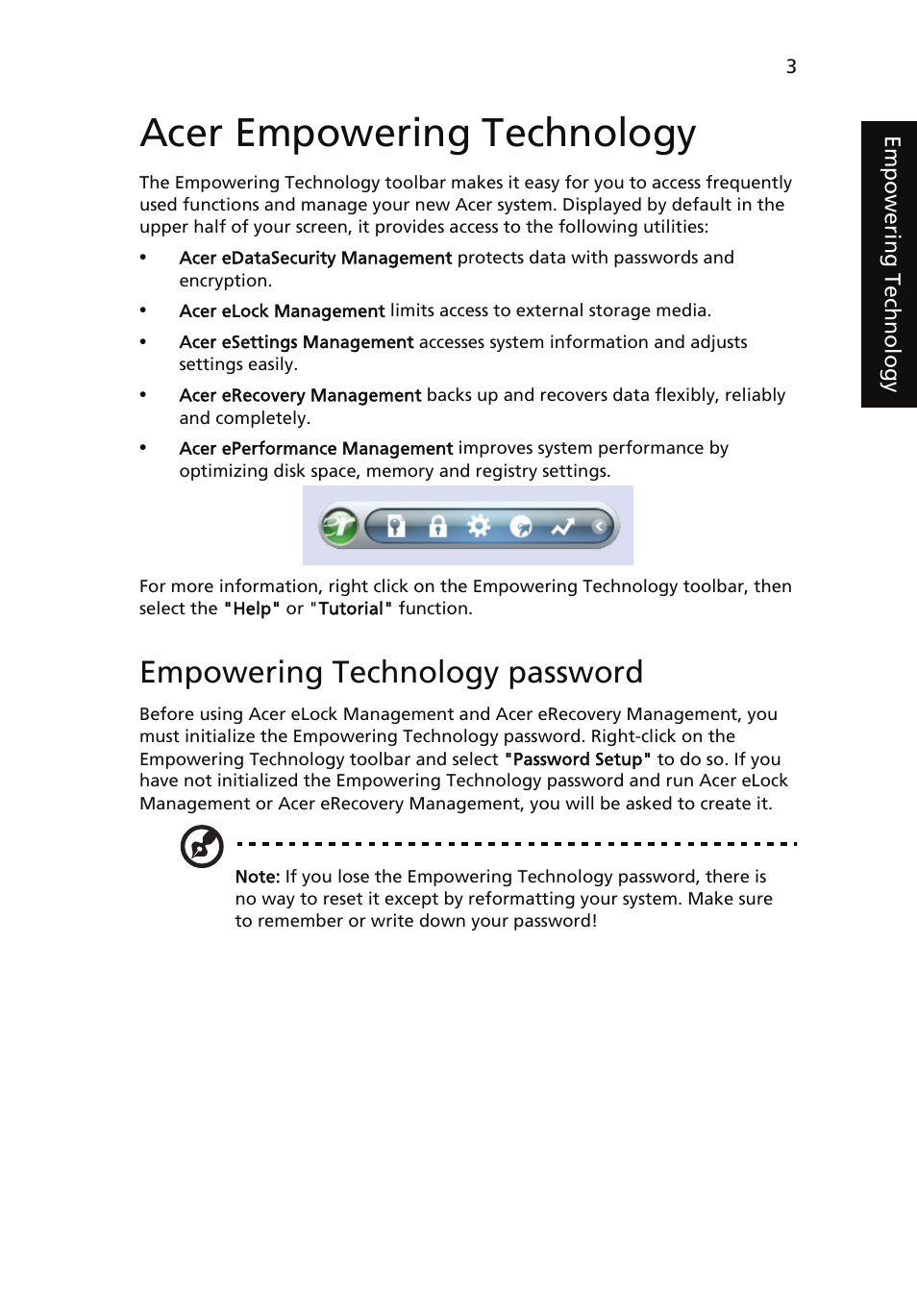 Acer empowering technology, Empowering technology password | Acer Veriton 1000 User Manual | Page 17 / 73