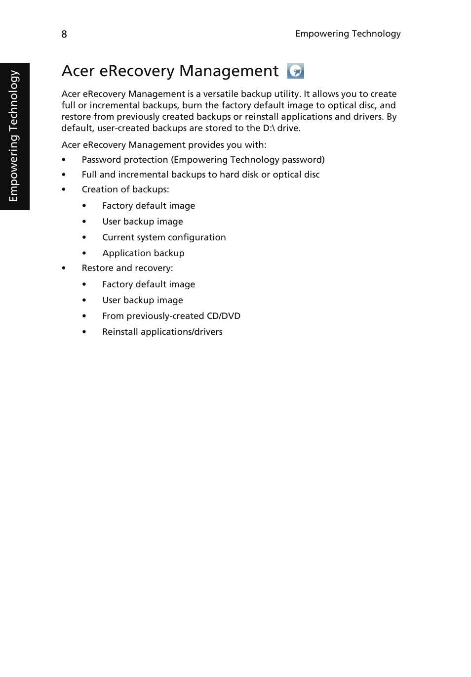 Acer erecovery management | Acer Veriton 1000 User Manual | Page 22 / 73