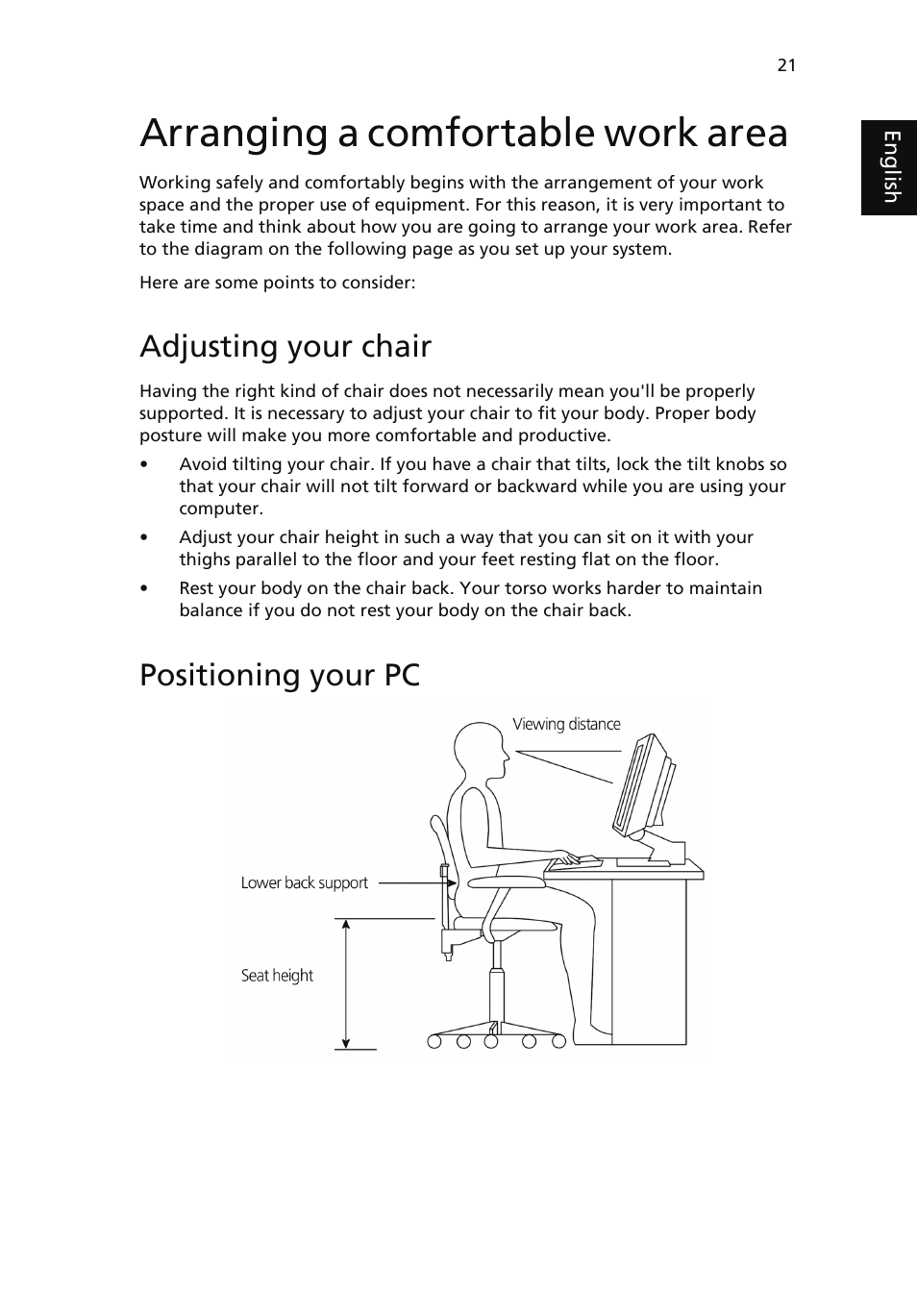 Arranging a comfortable work area, Adjusting your chair, Positioning your pc | Acer Veriton 1000 User Manual | Page 35 / 73