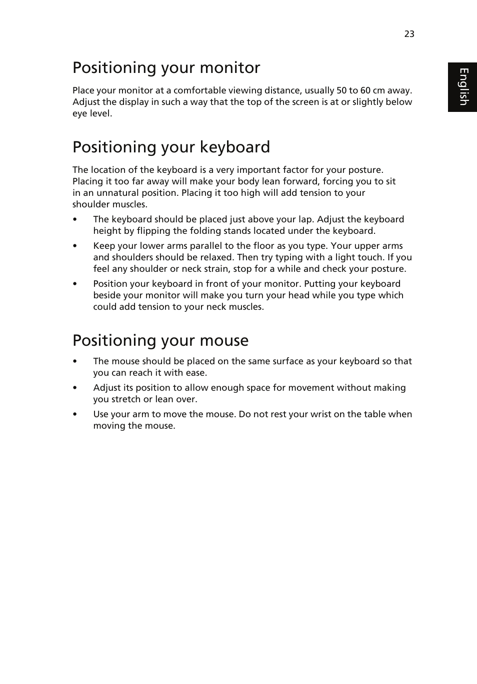 Positioning your monitor, Positioning your keyboard, Positioning your mouse | Acer Veriton 1000 User Manual | Page 37 / 73