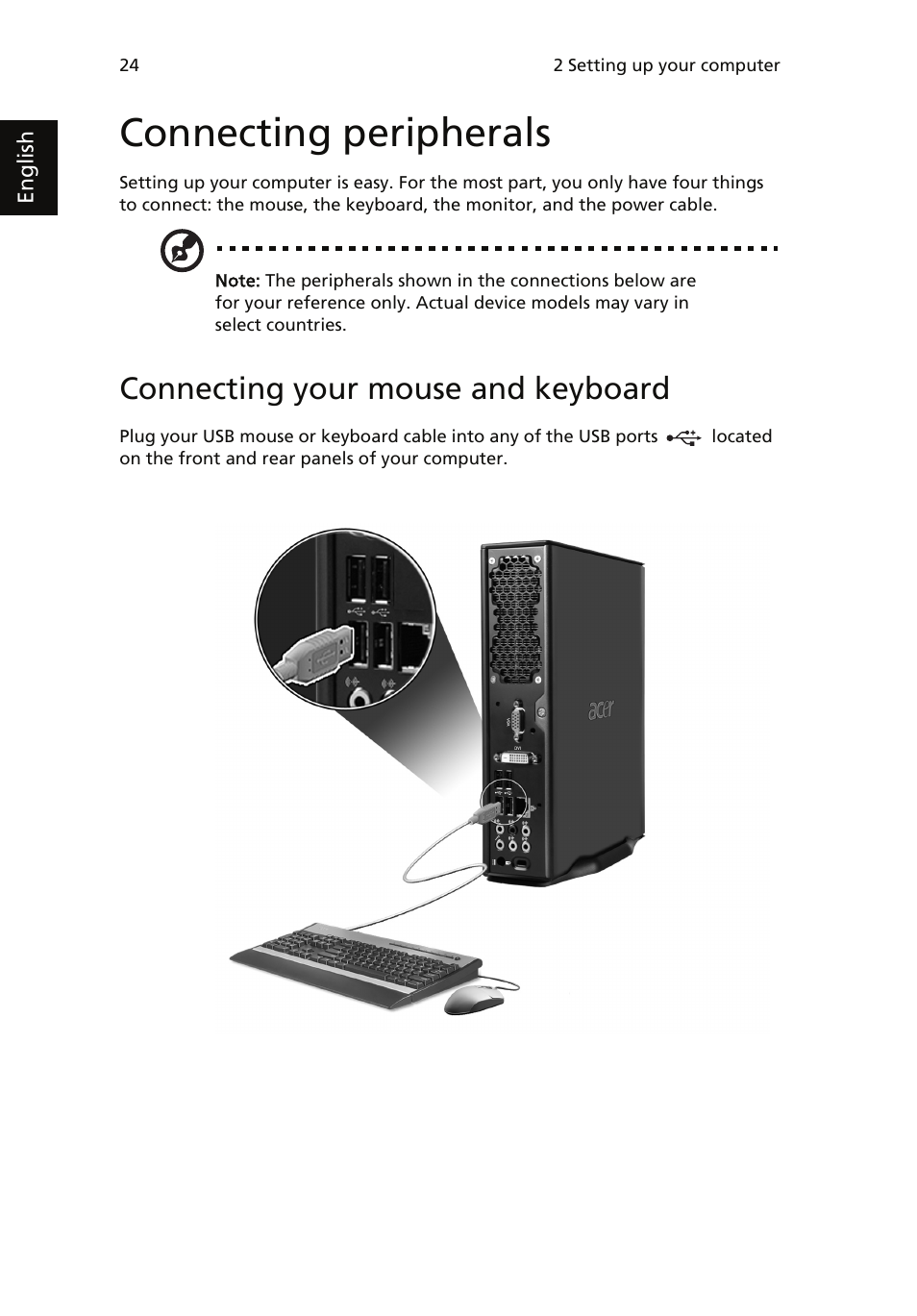 Connecting peripherals, Connecting your mouse and keyboard | Acer Veriton 1000 User Manual | Page 38 / 73